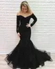 2020 New Luxury Black Arabic Mermaid Prom Dresses Off Shoulder Lace Appliques Long Sleeve Plus Size Backless Sweep Train Party Evening Gowns