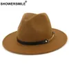 SHOWERSMILE Lana Sombrero Fedora Mujer Caqui Vintage Elegante Jazz Sombrero Mujer Clásico Británico Otoño Invierno Sombreros Y Gorras Nueva Moda D19011102