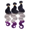 # 1B / Grigio / Viola Ombre Capelli umani brasiliani 3 Bundles Onda del corpo Doppie trame Radici nere Grigio Viola 3 toni Ombre Estensioni del tessuto dei capelli umani