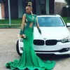 Emerald Green Mermaid Prom Dresses Long Sleeve Sweep Train Illusion Bodice Applicques Beads Girl Formal Evening Party Gowns