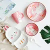 Cartoon Pink Rabbit Ceramic Dinnerware Set for Kids Children Toddler Baby Hand Painted Animal Feeding Tray Plates Dish Bowl Mug Spoon