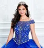 Vintage Royal Blue Quinceanera Modelleri Kapalı Omuz Aplike Dantel Boncuk Kız Pageant Elbise Balo Örgün Sweet 16 Elbise Özel