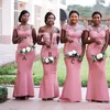 Roze elegante lange bruidsmeisje jurken Drie stijl feestjurken met kant applique zeemeermin vloer lengte op maat gemaakt formele jassen