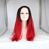 أزياء فتاة الحرير مستقيم أومبير أحمر مجانا جزء الاصطناعية الدانتيل الجبهة الباروكة مقاومة للحرارة شعري الطبيعي للنساء أبيض أسود