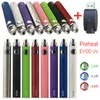 MOQ 10Pcs 100% 품질 예열 VV Evod 배터리 증기 펜 조정 가능한 전압 eCig 510 스레드 자아 배터리 1100m Ah Dab 왁스 오일 기화기 탱크 용 USB 충전기