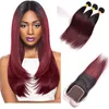 Cheveux humains non transformés péruviens 3 faisceaux avec fermeture à lacet 4X4 Silky Straight Burgundy 1B / 99J Straight Virgin Hair Ombre Color