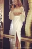 Dubaj Arabski Formalne Suknie Wieczorowe Klejnot Neck Perły Zroszony Prom Dresses Długi Poeta Rękaw Przednia Split Myriam Fares Party Suknie BC0143