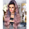 Nova Moda Celebridade Estilo Perucas Sintéticas Raízes Pretas Roxo Ombre Rosa Renda Frente Peruca Cabelo Resistente ao Calor para Mulheres