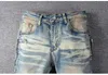 Heren jeans pu lederen patchwork biker knie ritsen retro licht blauw stretch denim slanke broek heren skinny jeans1