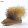 Inoe Cow Suede Leather Real Big Fox Fur Krótkie Koszulki Kobiety Zimowe Buty śniegu Dla Kobiet Winter Buty Czarny Brązowy Niepoślizgowy Sole