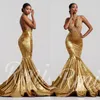 Sexy gouden fluwelen zeemeermin prom dresses hoge juweel nek backless hof trein zien door kant applique avondjurken formele jurk ogstuff