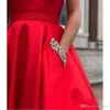 Sexy vendita calda rosso una linea abito da ballo con tasche scollo a V cinghia di spaghetti in raso vestido de formatura diamanti donne abito da festa formale