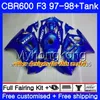 Blå Svart lager Kropp + Tank för Honda CBR 600 FS F3 CBR600RR CBR 600F3 97 98 290HM.4 CBR600 F3 97 98 CBR600FS CBR600F3 1997 1998 Fairings