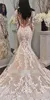 Newest Long Sleeves Mermaid Dresses Sexy Illusion Covered Buttons Back Scoop Neck Lace Applique Wedding Gown Vestido De Novia