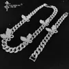 Iced Out Bling CZ Miami Cuban Link Chain Butterfly Charm Choker Necklace Hip Hop Gold Silver Color Necklaces Jewelry For Women188x