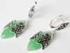 Natural Stone green marcasite flower PIERCING lady 925 silver jewelry earring 11/2 "