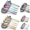 Nouveau 8pcs / set ustensiles de voyage portables réutilisables en acier inoxydable couverts ensemble couteau fourchette cuillère baguettes pailles brosse vaisselle ensembles T2I5802