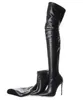 女性の固体黒の特許革が尖ったつま先のセクシーなスティレットヒールスリム膝太もも長い弾性ナイトクラブブーツ
