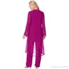 Modern Fuchsia Chiffon Mother of Bride Pant Suit For Wedding Three Pieces Formal Wear Special Endan Moderklänning med jacka6663534