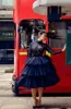 Fall 2019 Fashion High Collar Long Sleeves Tiered Skirt Navy Blue Lace and Tulle Short Homecoming Dresses