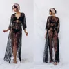 Sexy Black Wedding Robes V-neck Long Sleeve Lace Tulle Night Gown For Women Ruched Sweep Train Pajamas