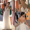 2020 Yeni Gali Karten Dantel Beach Gelinlik Spagetti sapanlar Boncuklu Robe De Soiree Backless Uzun Boho Wedding Brdial Önlük