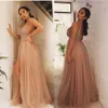 Champagne High Split Prom Dresses Beaded Pearls V Neck Tulle A Line Evening Gowns Custom Made Formal Cocktail Party Dress