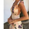 Blomma tryckklänningar Kvinnor Summer ärmlös V-ringning Backless Vintage Long Boho Party Tail Casual Loose Beach Pink Dress 2019