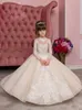Modest Flower Long Sleeve Jewel Neck Applique Button Sequins Wedding Party Floor Length Tulle Lace Princess Girl Dress