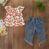 2PCS Baby Mädchen Kleinkind Ananas Kleidung Kinder Off Schulter Tops + Zerrissene Denim Shorts Outfits Set A-823