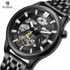 Ruimas Men Black Automatic Watches Luxury Business Stainless Steel Watch Man Top Brand Skeleton Mechanical Wristwatch 6770157D