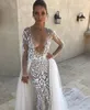 New Mermaid Wedding Dresses Applique Plunging Neck Bridal Gowns With Detachable Train Long Sleeve Illusion Wedding Dress Custom Made 3963