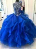 Cheap Royal Blue Red Quinceanera Ball Gown Dresses High Neck Crystal Beaded Tiered Ruffles Sweet 16 Formal Party Dress Prom Evening Gowns
