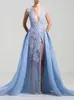 Graceful Lace Mermaid Overskirt Evening Dresses Sequined Deep V Neck Appliqued Side Split Prom Gowns Floor Length Tulle Formal Dress