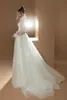 2020 Abiti da sposa a-line Collo alto maniche lunghe Pizzo Dot Illusion Abito da sposa Custom Made Sweep Train Tulle Increspato Robes De Mari￩e