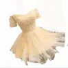 2019 Neue Vestidos Brautjungfernkleider Süße Champagner Spitze Blume Kurzen Ärmeln A-linie Party Formale Kleid Homecoming Kleider 511