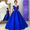 Vestidos de noite de concurso azul real de pescoço em V.