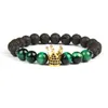 Ny design blå CZ Crown Mens Beaded armband grossist 10st / mycket naturlig färg tiger eye lava sten pärlor svart cz kron armband armband