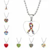 Autism Awareness Love Necklace Autism Mosaic Peach Heart Time Jewelry Necklace Gift Puzzle Piece Pendant Chain Necklace Colorful Pendant