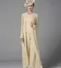 2020 три штуки с курткой обертывания Кристалл мать невесты костюмы плюс размер шифон шампанское с длинными рукавами свадьба гость матери брюки костюм