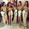 Altın Pullu Sparkly Nedime Elbisesi Yüksek Kalite 5 Stilleri Yan Yarık Örgün Uzun Hizmetçi Onur Elbise Düğün Parti Elbise