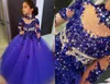 2020 Royal Blue Girls Pageant Dress Księżniczka Z Długim Rękawem Zroszony Kryształy Party Cupcake Młode Pretty Little Kids Celebrity Flower Girn Gown
