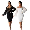 Femmes Sexy maille creuse bouffée en mousseline de soie à manches longues pansement robe moulante Cocktail Clubwear fête