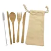 Przenośne drewniane sztućce Zestaw Travel Bamboo Flatware Zestaw Knife Chopsticks Widelec Spoon Obiad Zestawy Kemping Naczynia 7 sztuk / zestaw