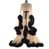 Hurtownie-kobiety puszyste pióro długie maxi sukienka seksowna koronka patrz przez siatki sukienka perspektywiczna flare rękaw party klub długość podłogi sukienki