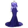 2019 in voorraad Royal Blue Prom Dresses Mermaid Stijl Sheer Lange Mouw Kant Zie Hoewel Top Jurken Avond Wear Party Formele Jurk Vrouwen