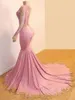 New Sheer Long Sleeves Mermaid Long Prom Dresses Black Girls Gold Lace Applique Sweep Train Formal Party Evening Gowns