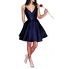 V Neck Satin Short Homecoming Dresses Sexy Spaghetti Straps A Line Knee Length Formal Party Gowns Short Prom Dresses BM0448