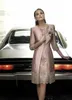 New Desinger Knee Length Mother Of The Bride Dresses With Coat Jacket Jewel 3/4 Long Sleeve Wedding Huest Gowns Applique Evening Dress