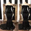 Sexig Arabisk Svart Sequined Lace Evening Klänningar Använd Illusion Off The Shoulder Mermaid Long Sleeves Sequins Party Gowns Formell Prom Dress